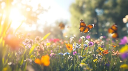 A vibrant meadow on the first day of spring, with colorful wildflowers blooming, butterflies fluttering, and the sun shining brightly over the fresh green grass