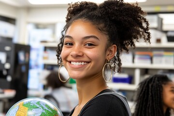 Smiling Girl with Globe in Classroom Setting