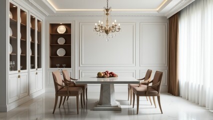 Fototapeta premium Elegant Dining Room Interior Design with Marble Table and Crystal Chandelier