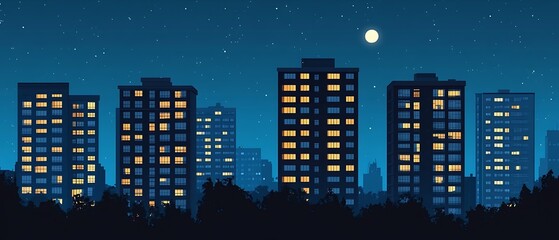 Naklejka premium Brightly lit windows in a tall residential building stand out as a silhouette against the dark urban backdrop.