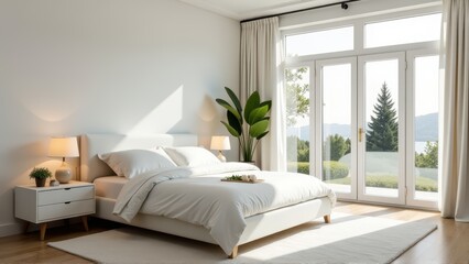 Fototapeta premium Luxurious Modern Bedroom with Lake View - Minimalist Interior Design