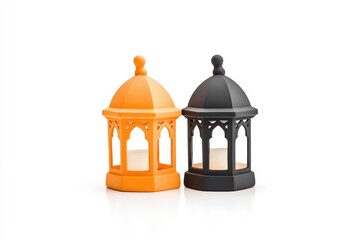 Two decorative lanterns, one orange and one black, displayed against a clean white background