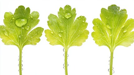 Three Fresh Parsley Leaves with Water Droplets Close up Studio Shot Green Herb Nature Photography