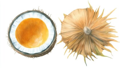 Detailed illustration of a split fruit showcasing its vibrant inner pulp and outer shell