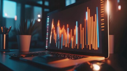 Modern digital workspace featuring a laptop displaying vibrant data visualization on a dark desk, with a plant and office supplies in a contemporary environment.