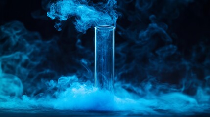 Mysterious blue smoke swirls around an empty test tube in a dark laboratory setting