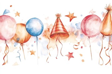Colorful watercolor balloons and party hats with festive stars and confetti for celebrations