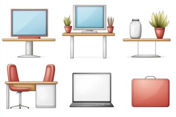 Illustration of modern office furniture including a desk, chair, television, laptop, and plants