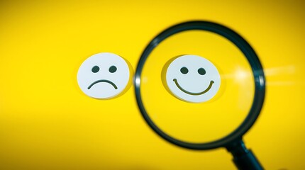 Searching for Positivity – Customer Service Satisfaction Feedback Concept with Magnifying Glass Over Smiley Face