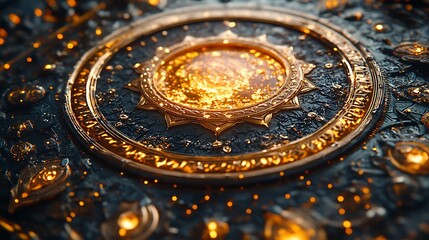 Fototapeta premium Ornate Golden Medallion with Intricate Embossing on Dark Texture