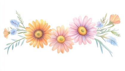 A vibrant arrangement of orange and pink flowers with delicate greenery on a white background