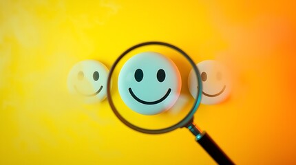 Searching for Positivity – Customer Service Satisfaction Feedback Concept with Magnifying Glass Over Smiley Face