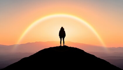 Silhouette of a person standing on a hilltop at sunset, with a vibrant rainbow arching in the sky