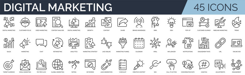 Set of 45 outline icons related to digital marketing.  Linear icon collection. Editable stroke. Vector illustration	