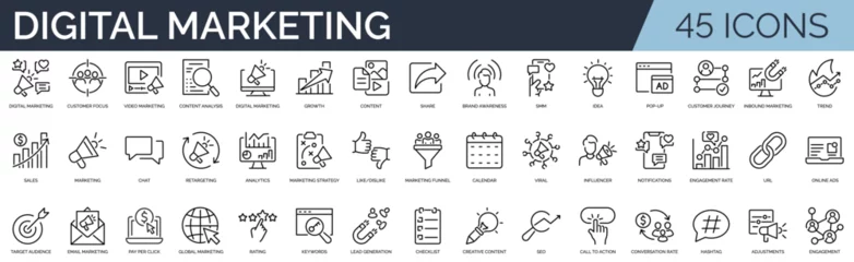 Set of 45 outline icons related to digital marketing.  Linear icon collection. Editable stroke. Vector illustration 