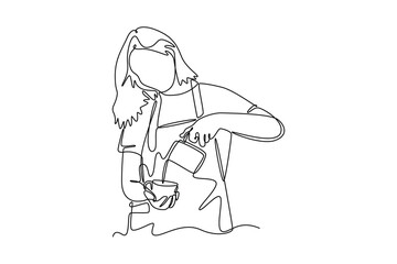 Barista making coffee concept. Single line draw design vector graphic illustration.