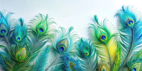 Obraz premium Iridescent feathers with intricate patterns of blues and greens on a white background, vintage-inspired, avian