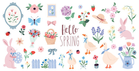 Hello Spring elements collection with different seasonal elements, flowers in bloom, geese and rabbits, vintage style, vector design © lilett