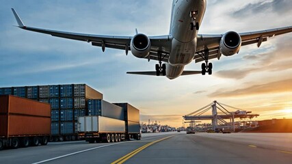 A cargo plane descends towards the airport with large shipping containers stacked nearby during a beautiful sunset