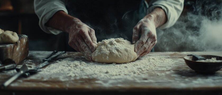 A baker's hands skillfully work dough on a floured table, embodying craft and tradition in a rustic kitchen setting.