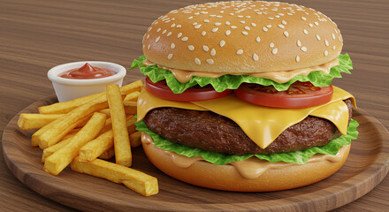 Perfectly grilled burger served on a wooden board with a side of crispy fries and a pickle spear.