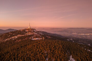 Jested Mountain with unique building on the summit. Liberec, Czech Republic.