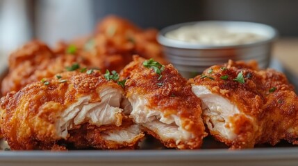 Crispy fried chicken pieces on a plate with dipping sauce, garnished with herbs.