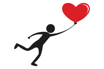Silhouette of Person Joyfully Kicking Heart-Shaped Balloon, Playful and Lighthearted Vector Illustration, White Background