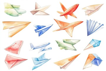 Colorful watercolor illustrations of various paper airplanes in different styles and sizes