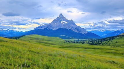 Fototapeta premium Majestic mountain peak, grassland vista, cloudy sky, panoramic landscape, travel poster
