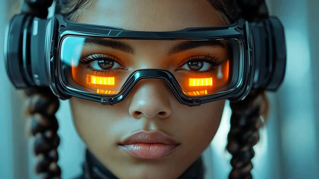 futuristic female model with neon goggles