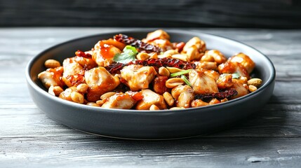 Fototapeta premium Famous Food of Chinese concept. Delicious chicken dish with peanuts and spices served in a dark bowl on a rustic table.