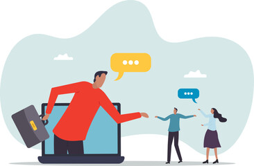 Online consultant, manager giving advice on remote work, online conference or communicate with team via internet .business concept.flat character.