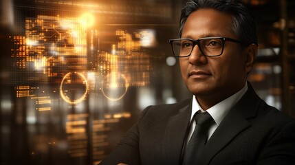 Professional businessman in formal suit standing confidently in a modern office environment surrounded by digital visualizations and data analysis graphics.