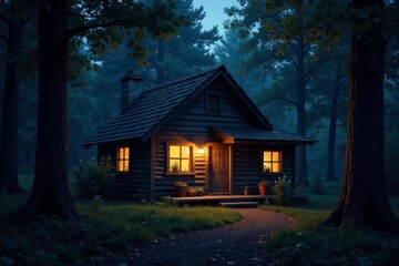 Quaint cottage in the woods with twinkling lights, cottage, woods, twinkling lights