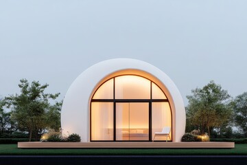 Modern minimalist dome-shaped house with warm lighting, surrounded by greenery at dusk