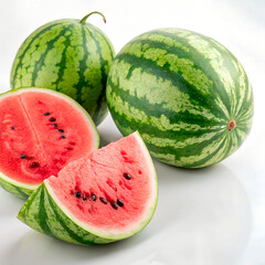 Three watermelons, two whole and one sliced with bright red flesh and black seeds, rest on a white background.