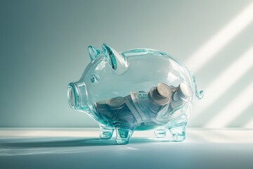 Savings: glass piggy bank filled with coins and bills, light minimalistic scene