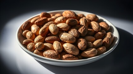 Fototapeta premium A graceful and elegant high-contrast image of peanuts and almonds in a plate, illuminated by intense dramatic lighting that creates tension and emphasizes refined features 