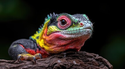 Obraz premium Vibrant colorful exotic lizard resting on a wooden branch in a dark tropical rainforest setting.