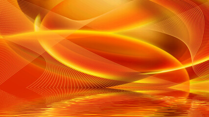 Vibrant swirling waves of orange light dancing above a shimmering reflective surface at sunset