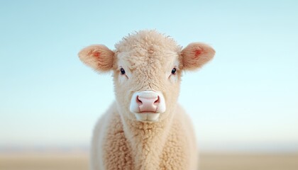 A close-up of a young calf standing in a serene landscape under a clear sky, evoking innocence