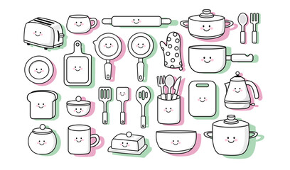Very big set icon of kitchen tools, equipment with kawaii cute smiling face. Vector outline, coloring page of cup, plate, pot, pan, kettle, butter dish, sugar bowl, toaster, bread, board, fork, knife