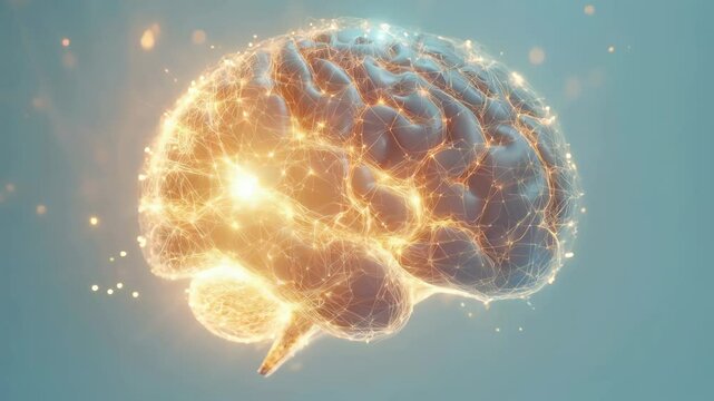 digital brain pulsates with bright energy symbolizing advanced artificial intelligence neural networks and biotechnology, illustrating integration smart technology and deep learning in human cognition