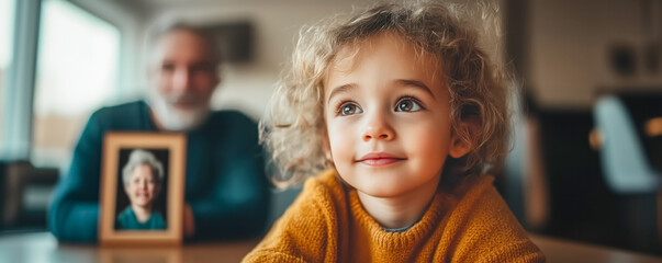 Fototapeta premium A child sitting quietly at a table and looking at a framed photo of a parent. Concept of psychological help.