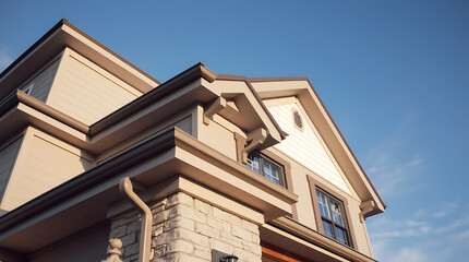 Elegant Home Exterior: Captivating Architectural Design, Stunning Brick and Stone Facade, under a Bright Sky