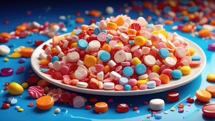 A white plate is centered on a light blue table with colorful assorted candies and sprinkles scattered both on the plate and around it.