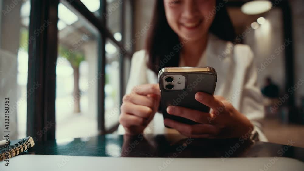 Poster young businesswoman sitting at cafe table. engaging with smartphone. radiating professional energy w