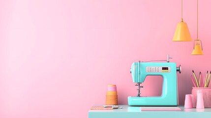 Bright and Stylish Sewing Machine with Colorful Accessories on a Pink Background