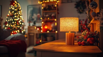 Cozy christmas living room decor with illuminated lamp and festive lights